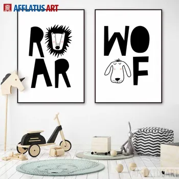 AFFLATUS Siyah Beyaz Köpek Ayı Aslan Nordic Poster Duvar Sanat Baskı Tuval Duvar Resimleri İskandinav Stili Çocuk Dekorasyon