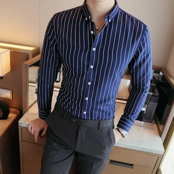 İş Gömlek 2018 Yeni Moda Marka Erkek Giyim Uzun İş Gömleği Slim Fit Çizgili Büyük Boy M-5XL Casual Gömlek Gömlek Kol