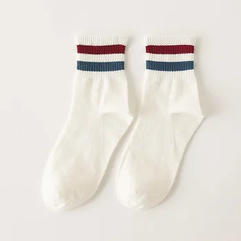5 Çift Kadınlar Düzgünce Trendy Çift Çizgili Çorap Dayanıklı Anti-bakteriyel Kadın Pamuk Kısa Çorap Saf Sanat Tarzı Bayan Çorap Meias