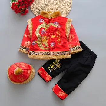Mutlu Ada Yeni Yıl Bebek Ejderha Elbise 0 için 2Y Erkek Çocuk Uzun Kollu Pamuk Geleneksel Çin Nakış Tangsuit Kalınlaşmış-
