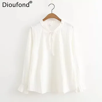 Dioufond 2018 Yeni Parlama Kollu Kadın gömlek Katı Pamuk Kadın Kadınlar İçin Rahat Tam Kadınsı Bluz V-Boyun Elbise Bluz