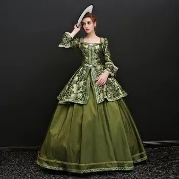 Yeşil çiçek nakış Venedik Karnavalı Kraliçesi topu cüppe elbise Ortaçağ Rönesans Cüppe Victoria/Antoinette