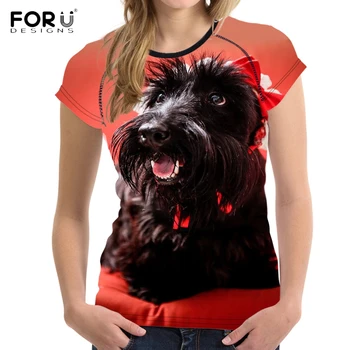 FORUDESİGNS Sevimli 3D Hayvan Köpek, İskoç Terrier Baskı Kadın Gömlek Kızlar Kısa Üst Tee O Boyun Harajuku T Kol Şık tişört