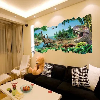 Çocuk Odası Çocuk Odası Dekorasyon 3d etkisi pencere Duvar Çıkartmaları için % 3D World Park Dinozorlar Duvar Çıkartmaları Duvar kağıdı duvar Posteri