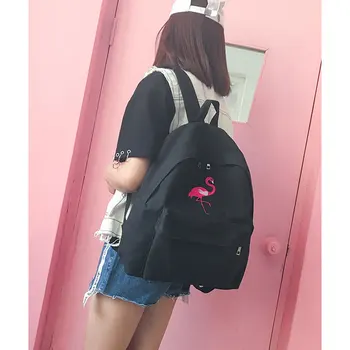 Genç Kızlar İçin BONAMİE Moda Flamingo Nakış Kadın Sırt çantası Tuval Okul Çantası Büyük Öğrenci Çantaları Kadın Sırt çantası Seyahat