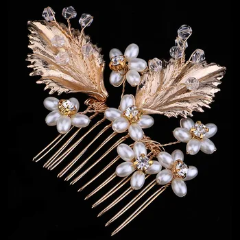 Kadınların Altın Metal Yaprak Kristal İnci Saçlar İçin Vintage Barok Saç Takı Düğün Tiaras Taç saç Aksesuarları Saç Klip Combs