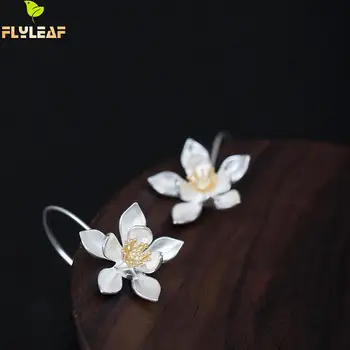 İlk Sayfaya Bir Şey %100 925 Ayar Gümüş Altın Rengi Büyük Lotus Kadınlar İçin Klasik Çin Tarzı Bayan Takı Damla Küpe Çiçeği