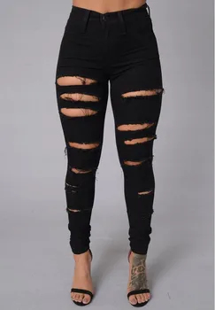 Kadınlar İçin moda Kot Kadın Pamuk Yüksek Elastik Taklit Diz Sıska Kalem Pantolon İnce Siyah Yırtık Kot Yırtık Kot dokunmatik ekran özelliğine