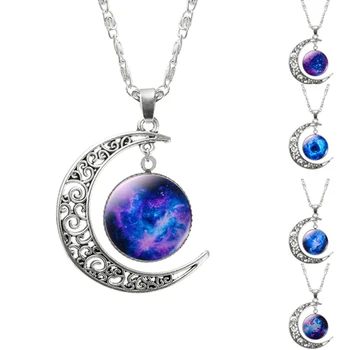 FAMSHİN 2016 Yeni Sıcak Moda Takı Kolye Kolye Cam Galaxy Güzel Kolye Gümüş Zincir Moon Kolye Ücretsiz kargo