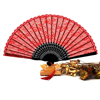 Hediye Kadın Dans İçin Püskül ile ücretsiz Kargo Yüksek Kalite 1 ADET Kırmızı Altın Dantel Çiçek Dekor Cep Fan Ve Parti Dekorasyon