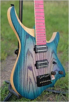 NK Başsız elektro Gitar steinberger tarzı hazır Gitar ücretsiz kargo Mor mavi renk patlaması Alev akçaağaç Boyun Modeli
