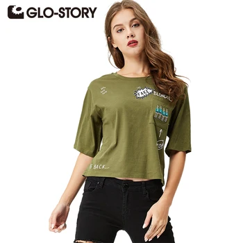 GLO-HİKAYE Kadın T-shirt 2017 Bahar Moda Rahat Cep Kısa tişört 4208 üstleri