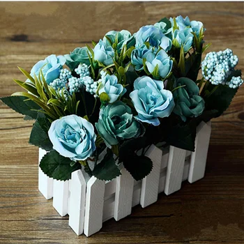 1 vazo Sahte Simülasyon İpek çiçek, bitki home dekor dekorasyon saksı Yapay Çiçek + Ahşap çitlerden