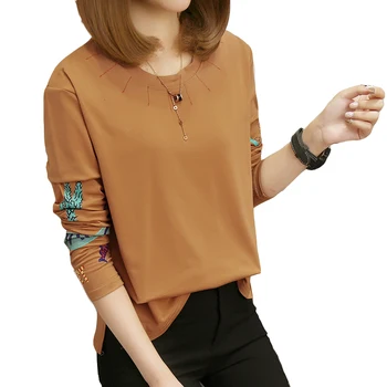 Gömlek 5XL Gevşek O-boyun Uzun Kollu T kadın Baskı T-Shirt Moda Yeni Kadın Sonbahar Rahat Üst Artı Boyutu M-
