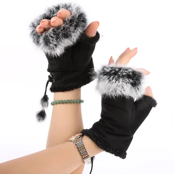 Kürk Eller Sahte Kadın Genç Klasik Kış Sıcak Tavşan Parmaksız Eldiven Eldiven Eldiven Sıcak Parmaksız Eldiven El Bileği