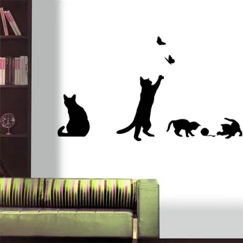 Top DİY komik Siyah Kedi Ailesi Oyun Kelebek Sıcak bir Ev Dekorasyonu Duvar Sticker Sevimli Çocuk Odası Çıkartma Hediye Mobilya Duvar Sanatı