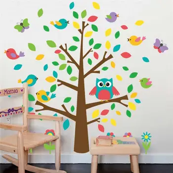 Sevimli baykuşlar kuşlar ağaç duvar çıkartmaları çocuk odası dekorasyon diy kreş karikatür hayvan sanat pvc duvar çıkartmaları