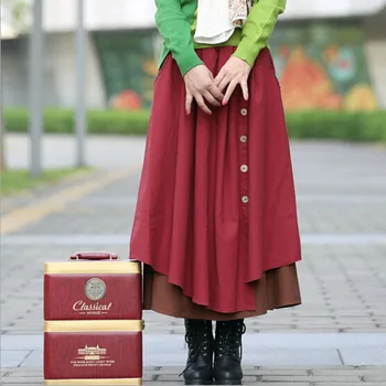 Sonbahar Kış Etek Kadın Yüksek Bel S198 Etekler Artı Boyutu Rahat Uzun Etek Pamuk Keten Vintage Maxi Etek,Saia,Uzun Pileli