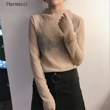 2017 Yaz Kadın Uzun Seksi Pileli Tee Bling Örgü T Shirt Saf Femme Moda Metalik Giyim Gömlek Kol