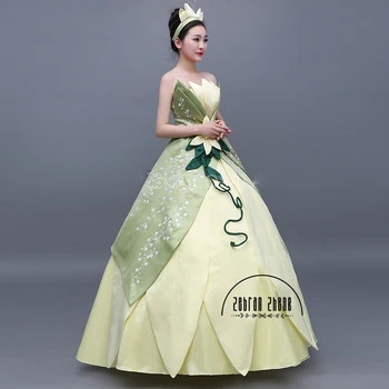 Yeni Stil En Kaliteli Prenses ve Kurbağa Prenses Tiana Cosplay Yetişkin Cadılar Bayramı Kostüm Elbise Özel Yapılmış