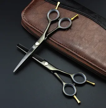 Siyah İki profesyonel 5.5 inç Berber saç kesme makası makas inceltme makası scisors kuaförlük makas set kuyruklu