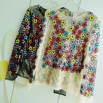 Lüks Pist Yeni Bluz Kadın Gömlek Uzun Sırf Seksi Parti Retro Bluz Boncuk Renkli Çiçekler, Simli Kollu NS214 Üstleri