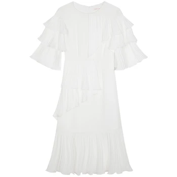 YİGELİLA Marka 62329 en Son Kadın Beyaz Fırfırlı Elbise Moda O-boyun Flare Elbise Uzun Kollu
