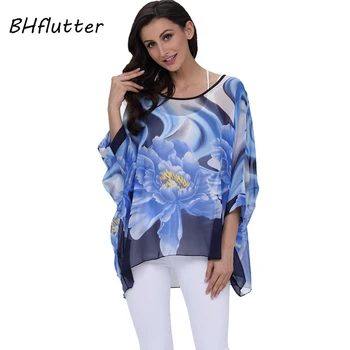 BHflutter 4XL 5XL 6XL Artı Boyutu Kadın Giyim 2018 Yeni Stil Kadın Baskı Batwing Yaz Casual Tees Gömlek Şifon Üstleri Bluz