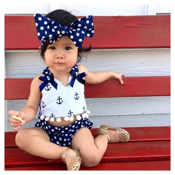 Emmababy Bebek Giysileri Sevimli Kız Bebek Giysileri Seti 3 adet Çapa ayarlar+puantiyeli Külot Kafa Bandı güçlü+Set Kıyafetler Üstler