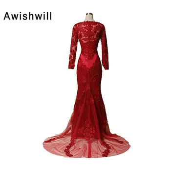 Büyüleyici Boncuk Aplike Tül Denizkızı Kırmızı Rengi Uzun Kollu Kadın Elbise Vestidos 2018 Elbise Resmi Abiye Uzun