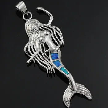 HANZHOWEEL 925 Gümüş Kolye Takılar Kadın Takıları Seksi Hediye İçin Denizkızı Şeklinde Mavi Ateş Opal Kolye Zincir Kolye