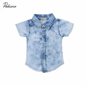 Serin Toddler Bebek Çocuklar Önden düğmeli Denim Gömlek Giyim Çocuk Gevşek Üstleri Jean Giyim Kıyafetleri 2 Sunsuit Tişört Baskı i b} dır Bluz-