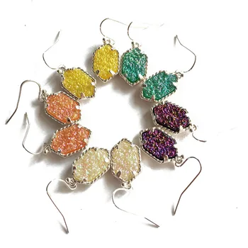 15 Renk Gümüş Druzy Drusy Charms Küpe Altıgen Akrilik Reçine Dangle Küpe Moda Marka Kadın Mücevher Düğün Hediye Partisi