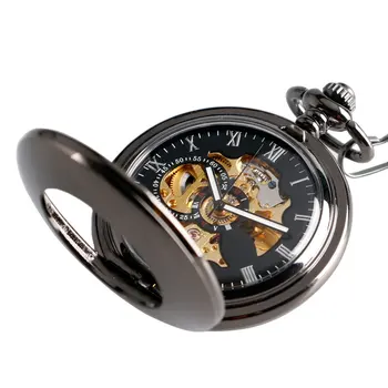Yeni Havalı içi Boş Siyah Yumuşak Kılıf İskelet Roma Sayı Self-rüzgar Mekanik Cep saati Steampunk Fob Zinciri ile Saatler