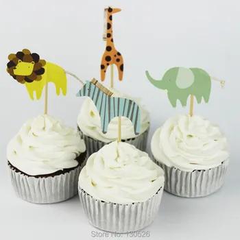 A4/çok Hayvanat Bahçesi Tema zürafa, fil, aslan, zebra kek eklenen kart Cupcake Cupcake Topper Pape Şenlikli Parti Malzemeleri Seçer