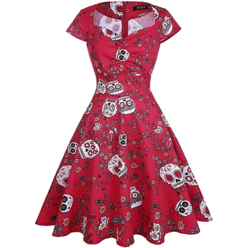 OTEN Yaz skater elbise zarif Vintage Kırmızı Top Şeker Kafatası baskı 50s rockabilly Akşam Parti büyük beden Elbise Çiçek Elbise