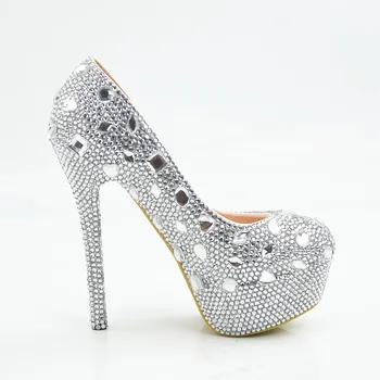 Hello Kitty Gümüş Yapay Elmas Gelin Düğün Ayakkabıları Graudation Parti Balo Yüksek Topuk Ayakkabı Pompaları, Resmi Elbise Artı Boyutu