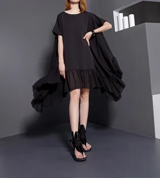 446 [EAM] bahar yeni yuvarlak boyun kısa kollu düz renk Siyah bölünmüş eklem gevşek büyük beden elbise kadın moda gelgit