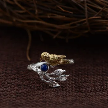 Doğal Lapis Lazuli İle 18 ayar Altın GQTORCH 925 Sterling Gümüş Yüzük altın Kaplama Kadın Kuş Ve Kırmızı Akik Benzersiz Halka Açılması