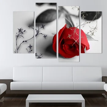 Tuval Duvar Sanatı Ev Dekor Panelleri Kırmızı Boya 4 Adet Çiçek Poster ht005 Oturma Odası Kare İçin Gül Yazdırır