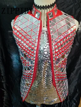 Moda Gümüş Ayna Yelek Ceket Erkek Şarkıcı kıyafet Kostüm Taslar Tarzı Kabanlar Ds gece Kulübü Giyim Dj Serseri