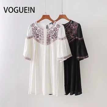 VOGUEİN Yeni Beyaz Siyah Çiçekli Kısa Kollu Elbise Mini Toptan İşlemeli Kadın