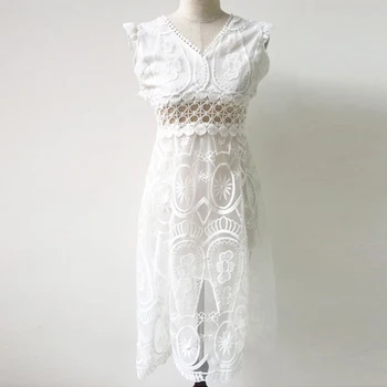 Bel Spicylace Kadın Dantel Hollow Çiçek Nakış Haki V yaka Beyaz Örgü Elbise Yüksek sırt dekolteli Zarif Parti elbise Kolsuz