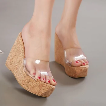 AİYKAZYSDL Seksi Yaz Kadın Şeffaf Platform Yüksek Topuklu Sandalet Ultra Creepers Açık Katır Silde Ayakkabı Ormanlık Takozlar