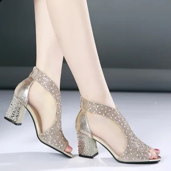 7cm Yüksek Topuklu Kadın Bling Elmas Yaz Kare Topuk Ayakkabı Moda Düğün Ayakkabı Kadın Deri Ayakkabı Sandalet Sandalia Mujer