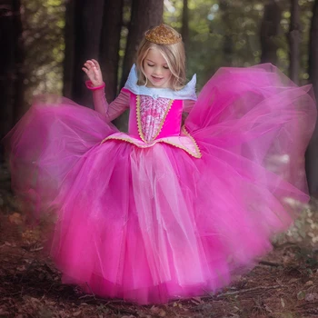 Kızlar Parti için Uyku 2018 Kızlar Güzellik Prenses Kostümü Bahar Sonbahar Kız Elbise Pembe Mavi Prenses Aurora Elbise Kostüm