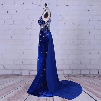 Kadın Resmi Elbiseler Gece Elbisesi Yular Royal Mavi Balo Elbise Vestidos Para Formatura Lüks Kristal Gece Elbisesi İthal
