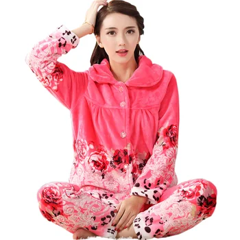 Sonbahar Kış Uzun Kadınlar Kalın Pijama Pijama Pijama Güzel Kadınlar Setleri Mercan Polar Eve takım Elbise XXL ev tekstili Flanel Kollu