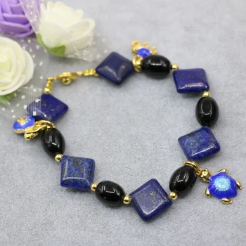 14 mm Kare doğal mavi lapsi lazuli taş boncuk bilezik halhal taş agat B2960 emaye işi yüksek dereceli diy mücevher 7.5 inç onyx