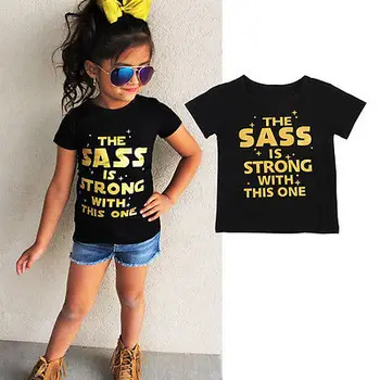 Yaz Çocuk Kız Bebek Mektuplar Baskı T-Shirt Siyah Pamuk Kısa Kollu Kız Tişört Üstleri 1 Giysi Kıyafetler 5Y Üstleri-